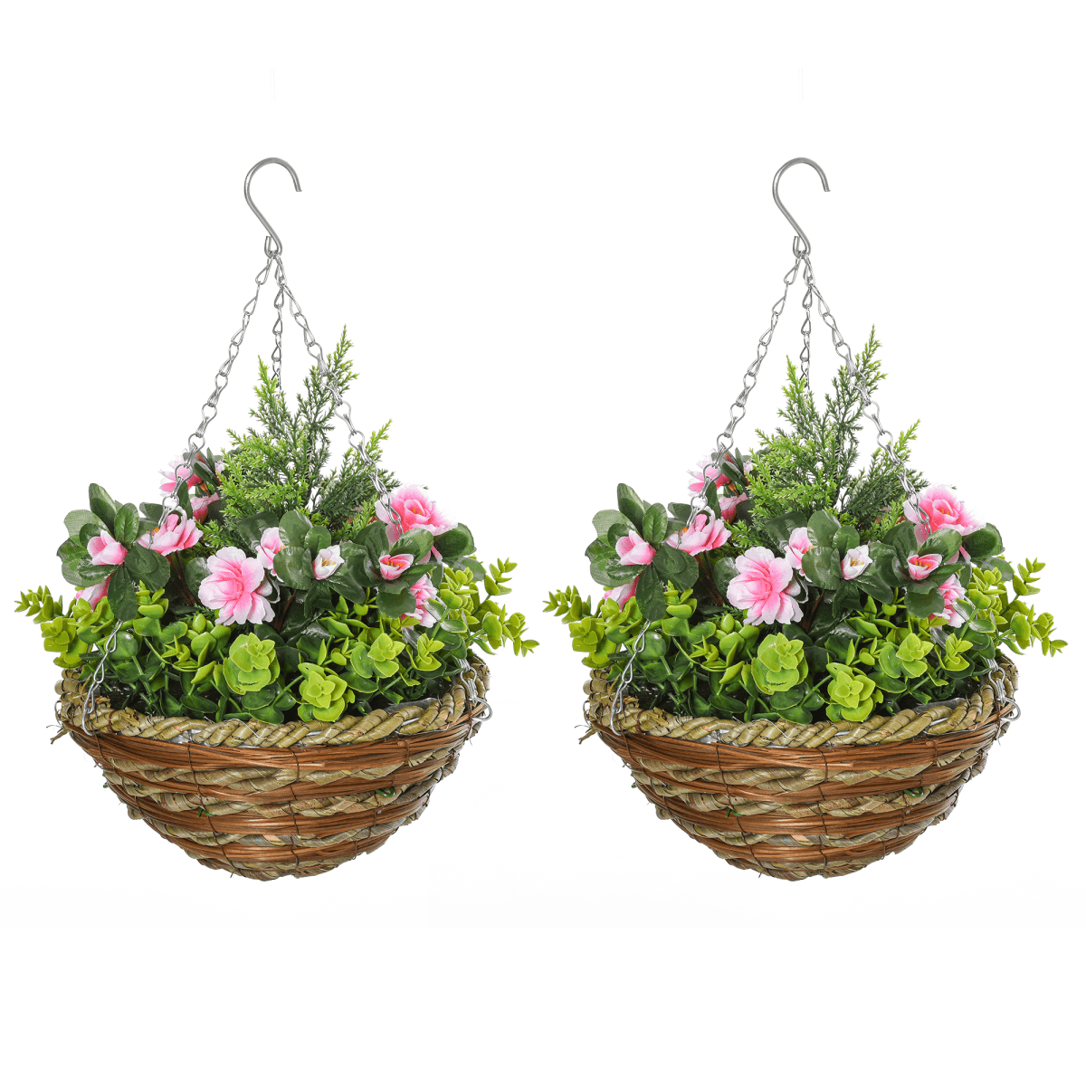 Pack of 2 Artificial Lisianthus Flowers Hanging Planter with Basket