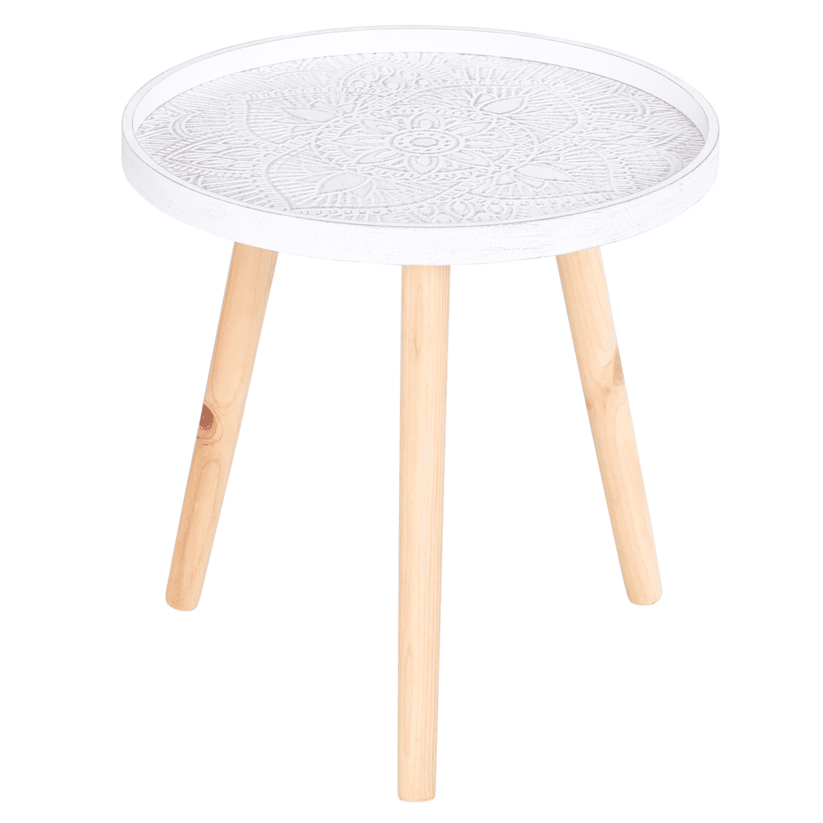 Pine Wood Floral Etched Side Table w/ Saucer Top White